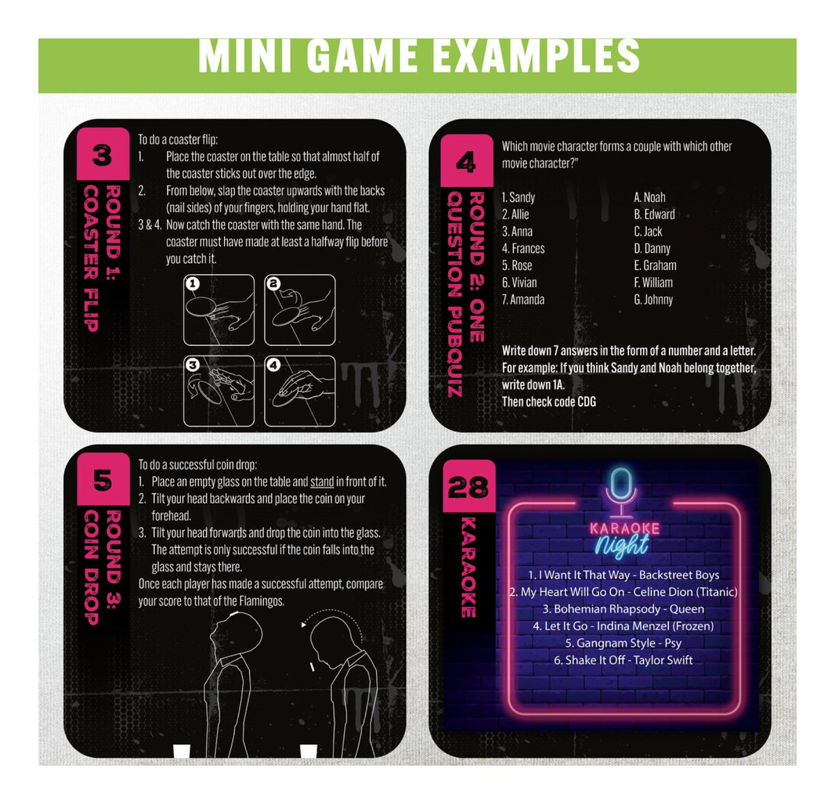 Hangover board game mini-game examples with challenge and quiz cards