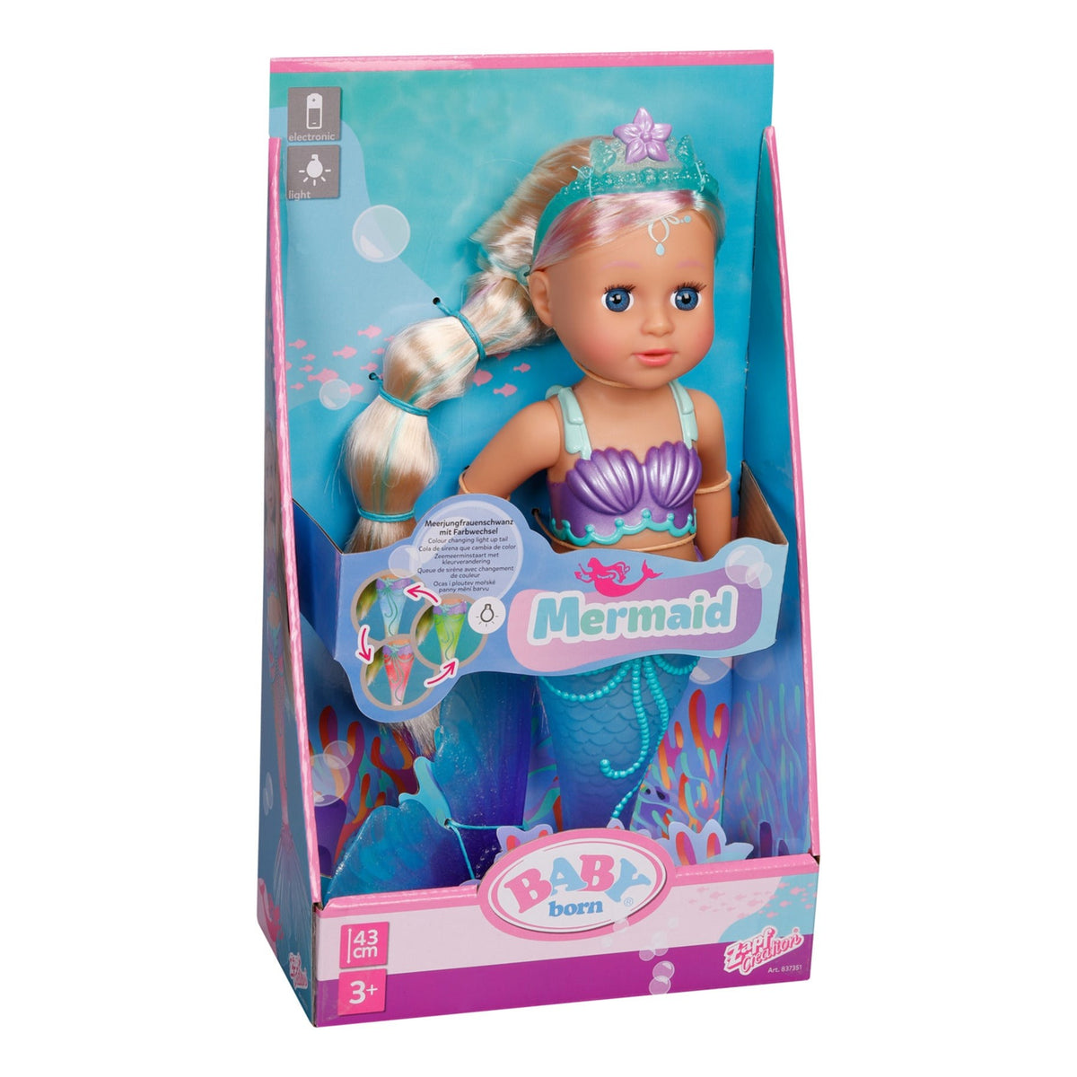 BABY born Mermaid 43cm Doll with Colour-Changing Light-Up Tail