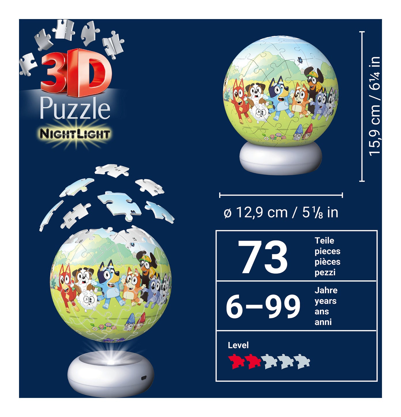 Ravensburger Bluey 3D Puzzle Ball Night Light – 72 Pieces