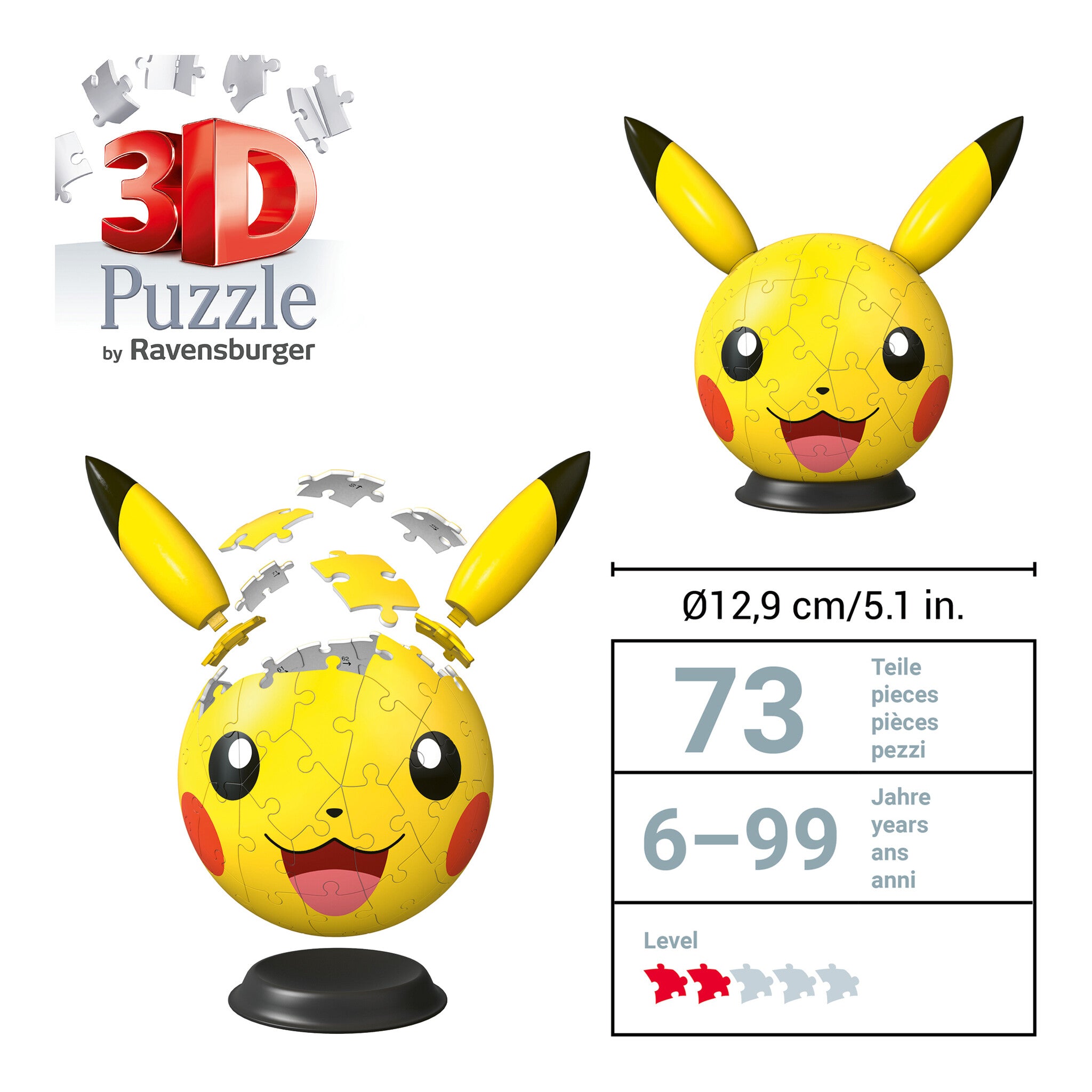 Ravensburger Pokémon Pikachu with Ears 3D Puzzle Ball, 72 Pieces
