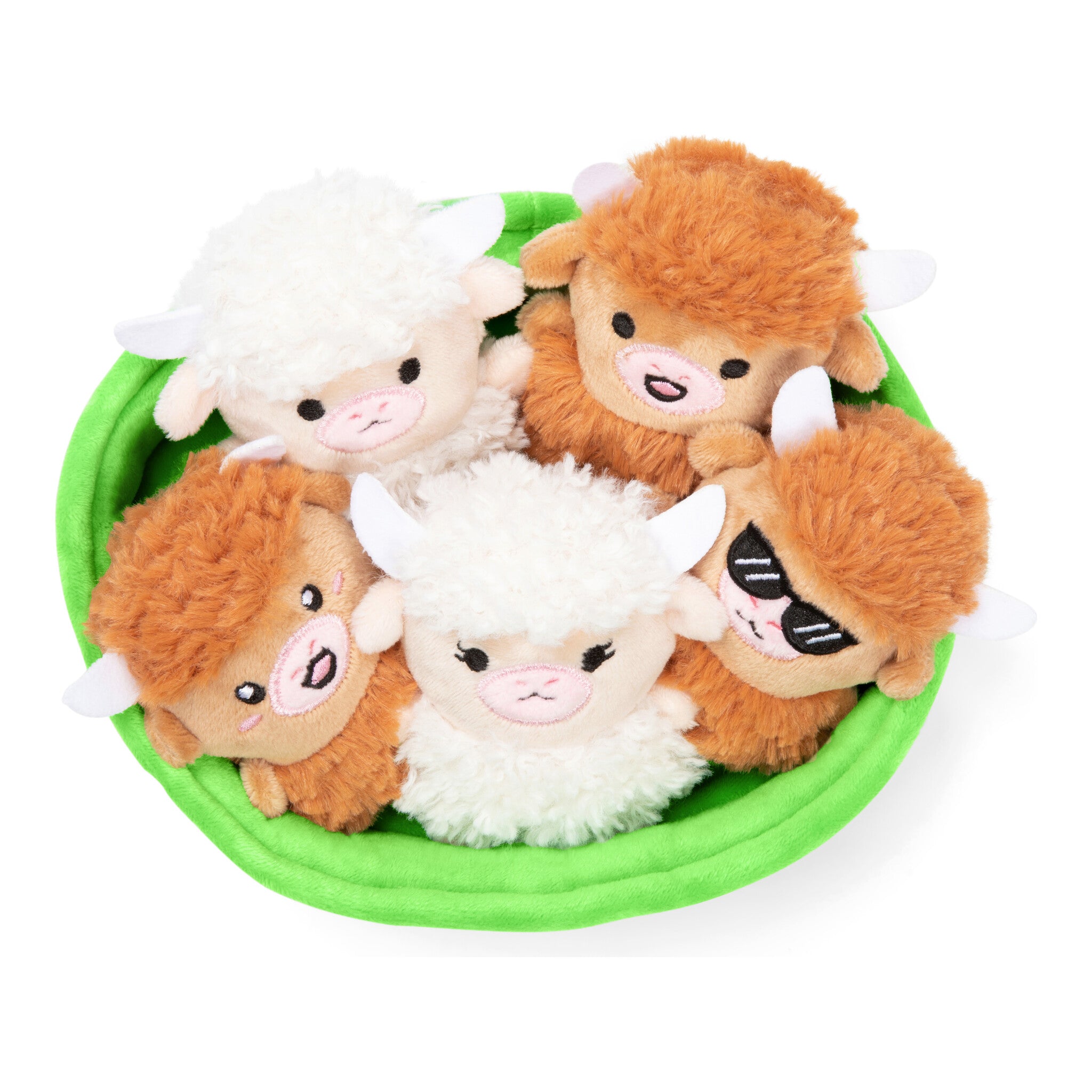 Relatable Emotional Support Highland Cows Plush Set – 5 Plushies with Basket