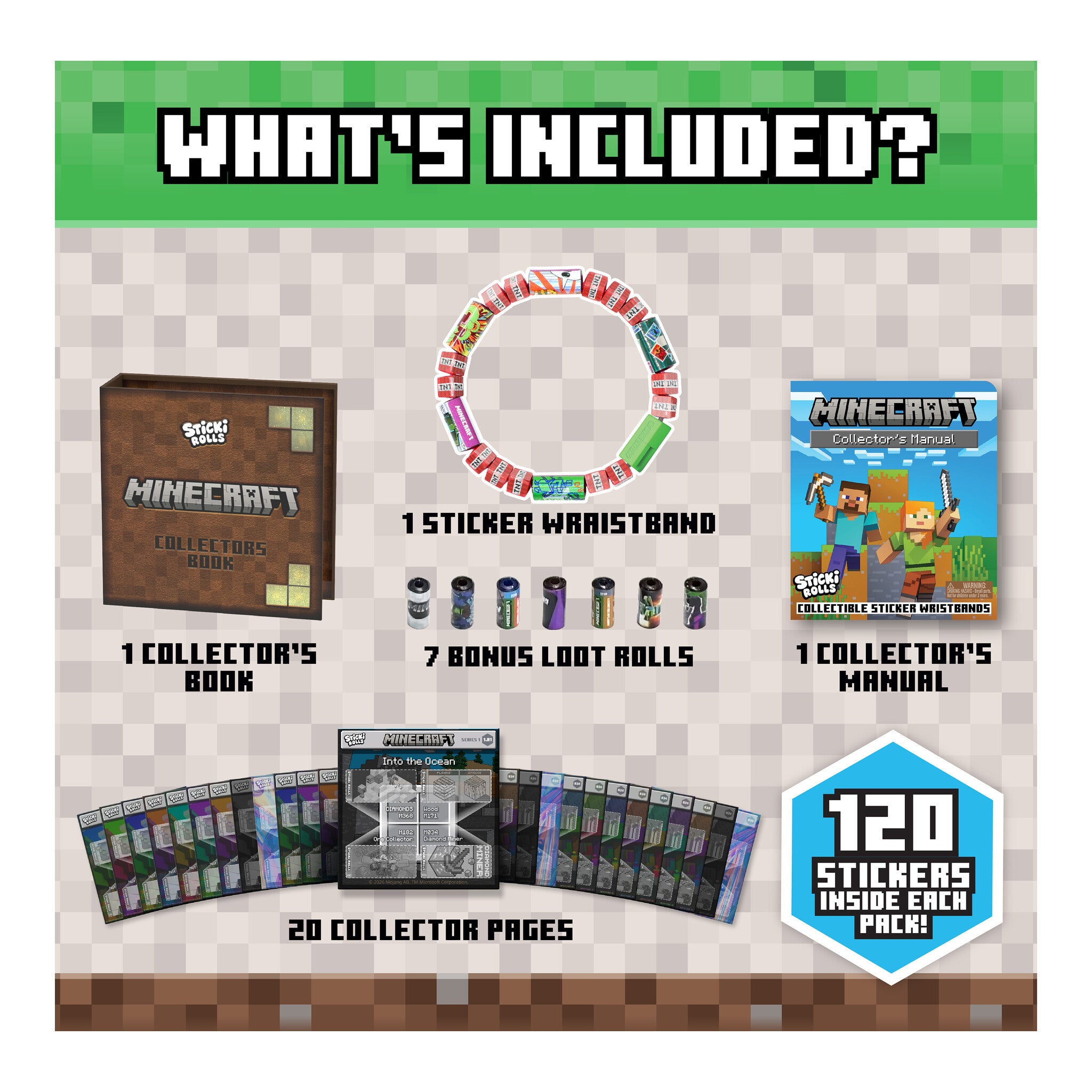 Sticki Rolls Minecraft Collectors Book with Wristband and 120 Stickers