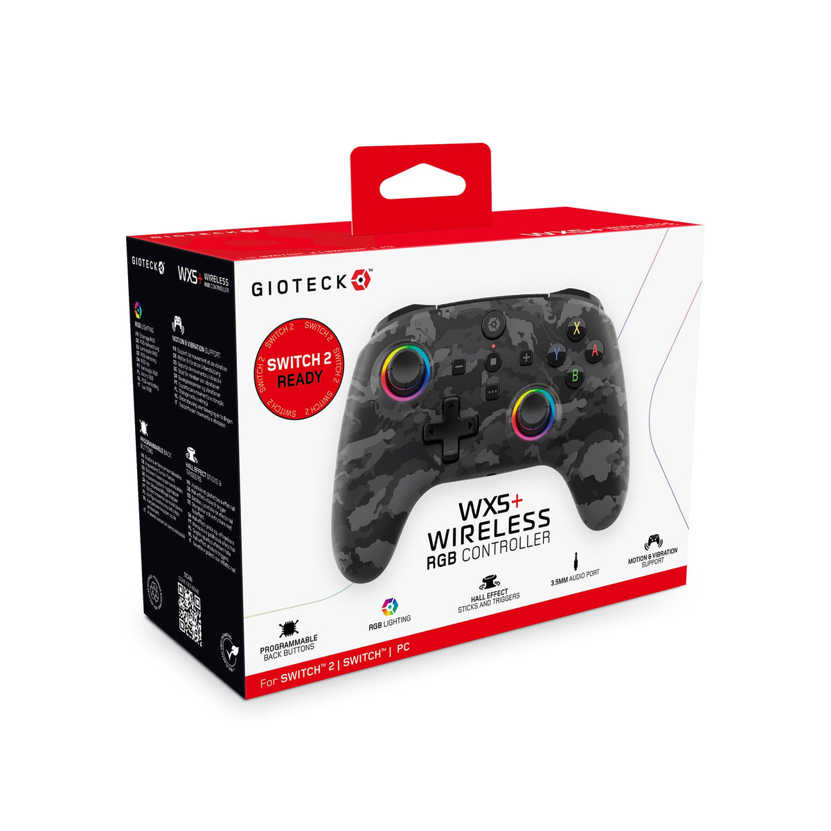 Gioteck WX5+ Wireless RGB Controller for Nintendo Switch 2, Nintendo Switch & PC - Dark Camo