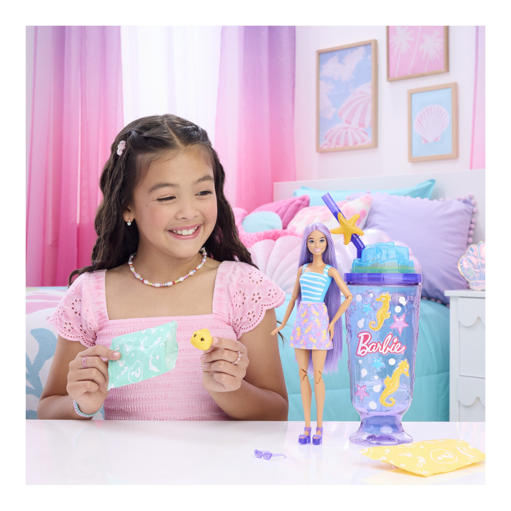 Barbie Pop Reveal Sea Slushy Purple Doll with Seahorse Pet