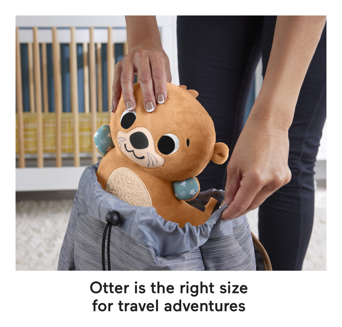Rocking otter plush toy being packed into a travel bag