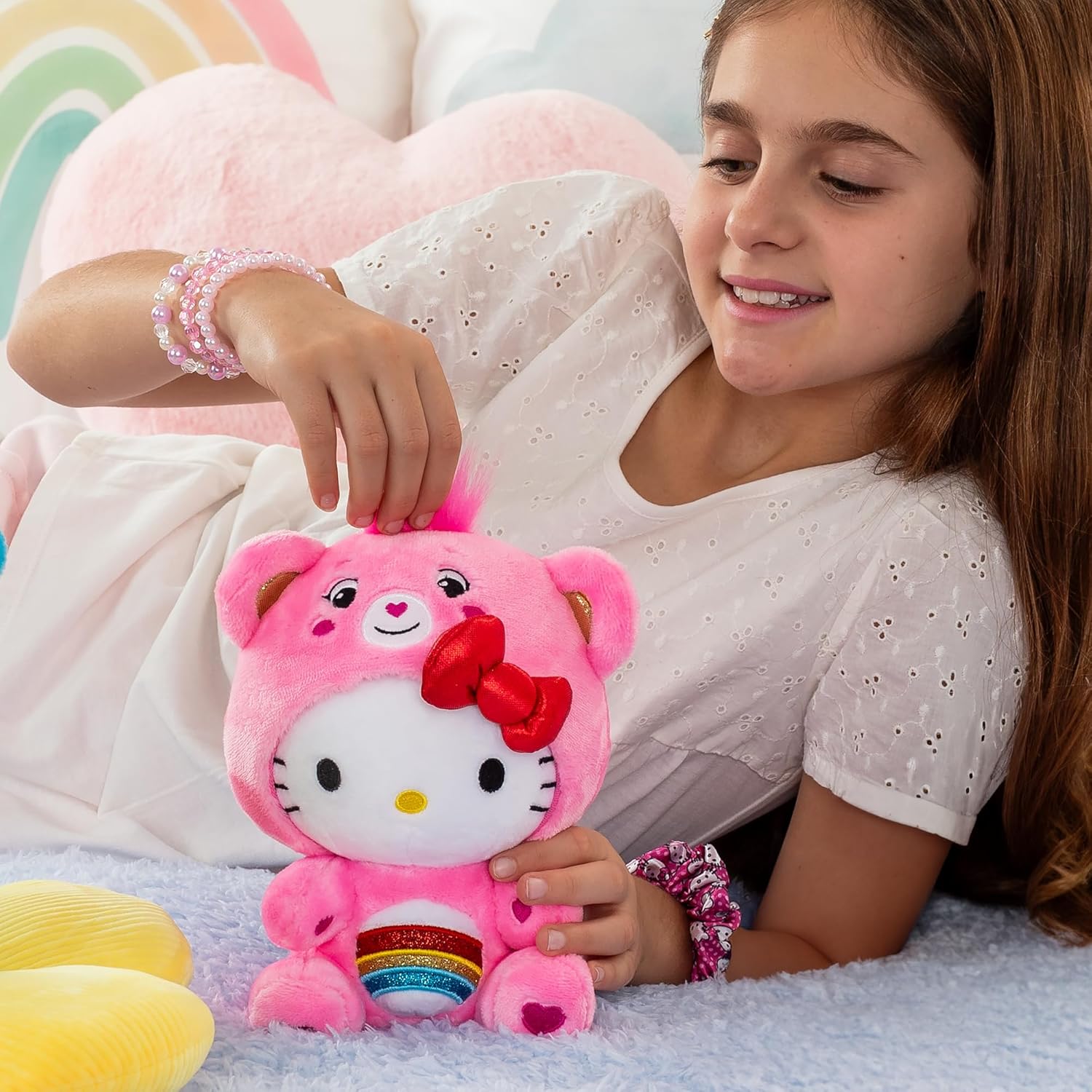 Care Bears 22cm Plush – Hello Kitty as Cheer Bear, Sanrio Soft Toy 885561227017