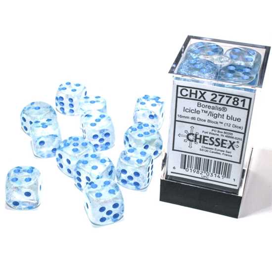 Borealis 16mm d6 Luminary Dice Block: Icicle/light blue (12 Dice) 601982031411
