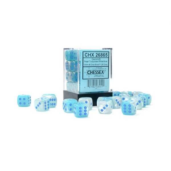 Gemini 12mm d6 Pearl Turquoise-White/blue Luminary Dice Block (36 dice) 601982034511
