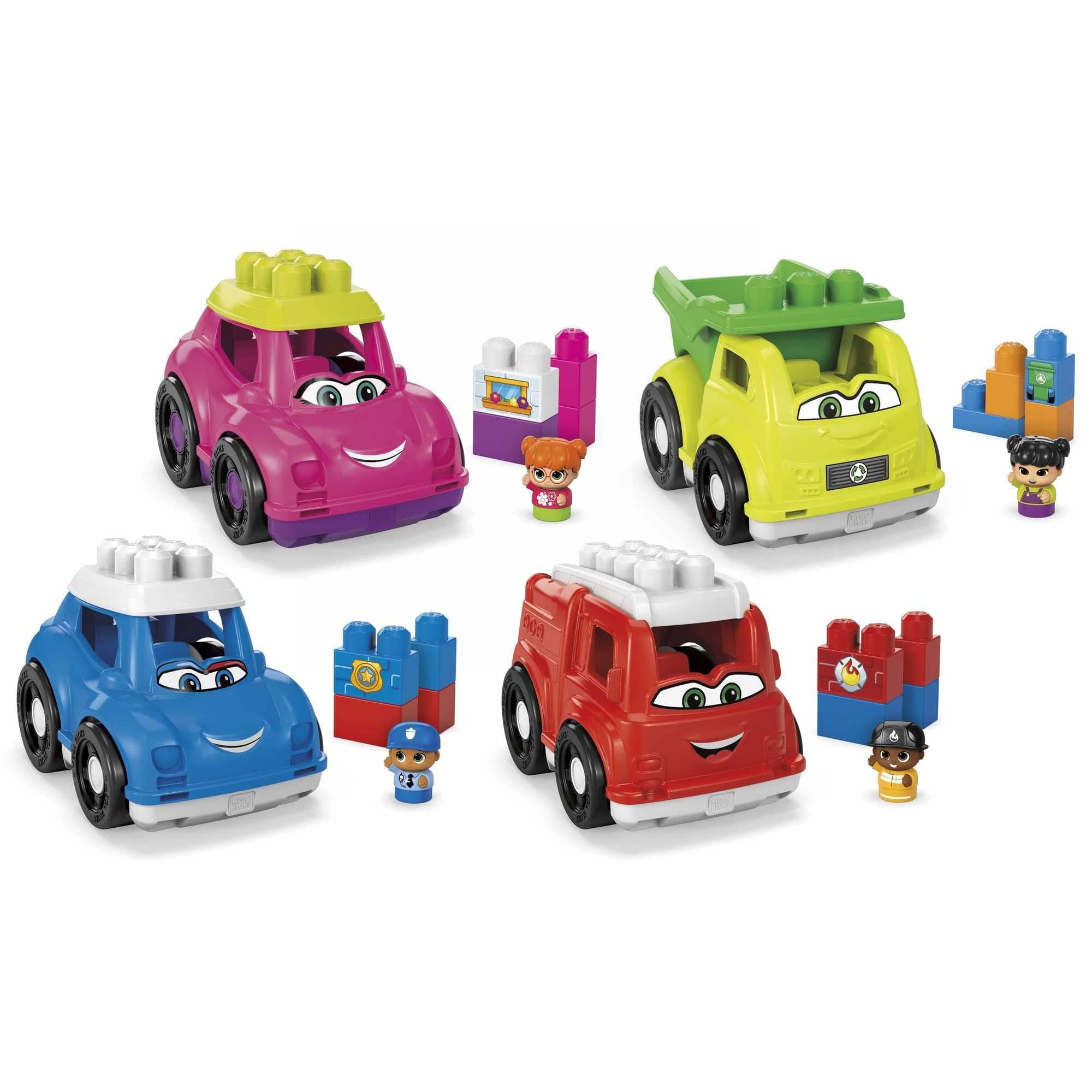Mega Bloks Lil Vehicles Classic Assorted Building Set with Peter Police Car Dylan Dump Truck and Freddy Firetruck 0065541804081