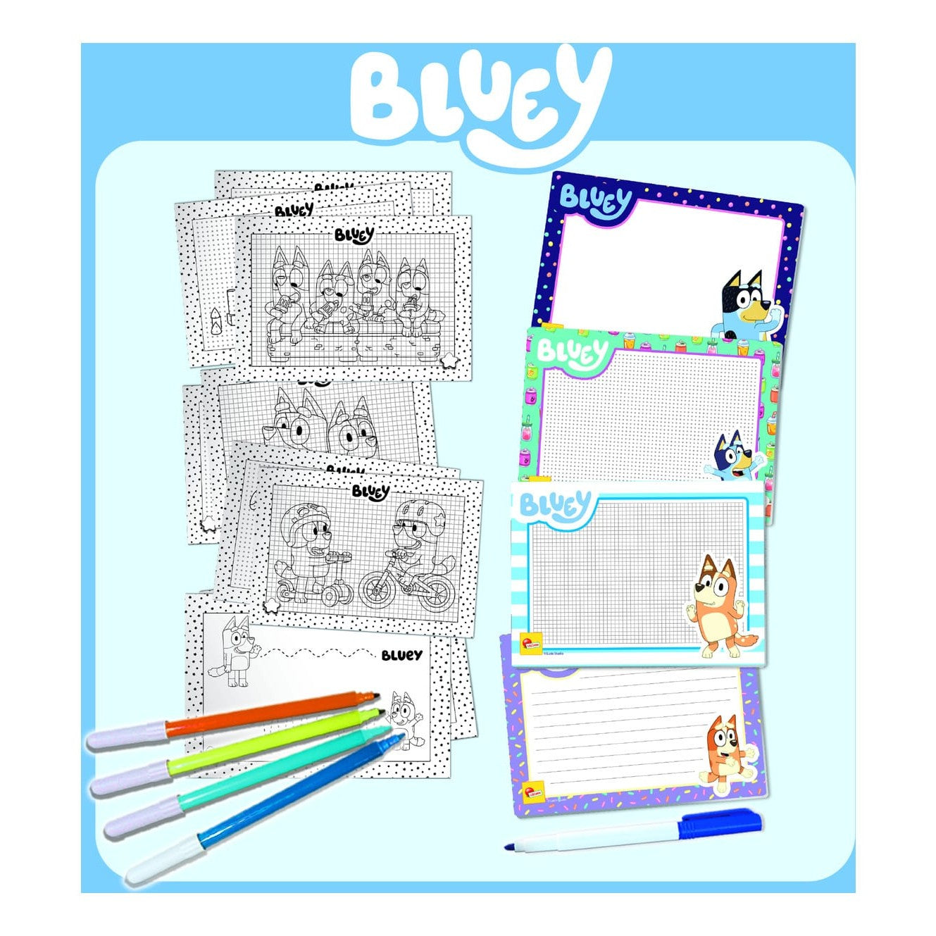 Lisciani Bluey Drawing School - Learn to Draw Bluey and Friends with Progressive Workbook and 4 Write-and-Erase Boards