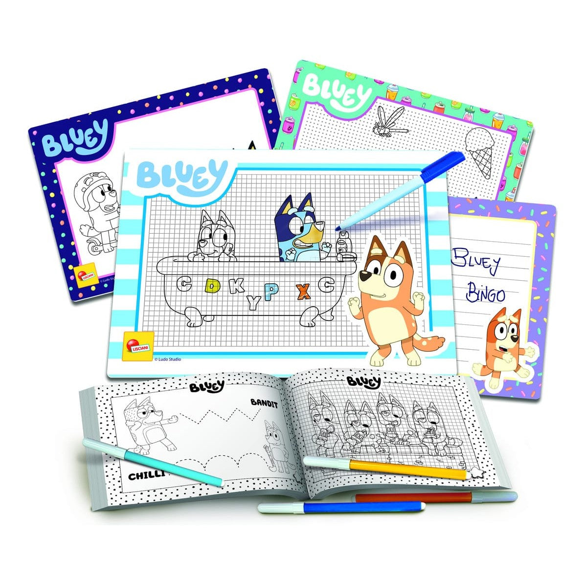 Lisciani Bluey Drawing School - Learn to Draw Bluey and Friends with Progressive Workbook and 4 Write-and-Erase Boards