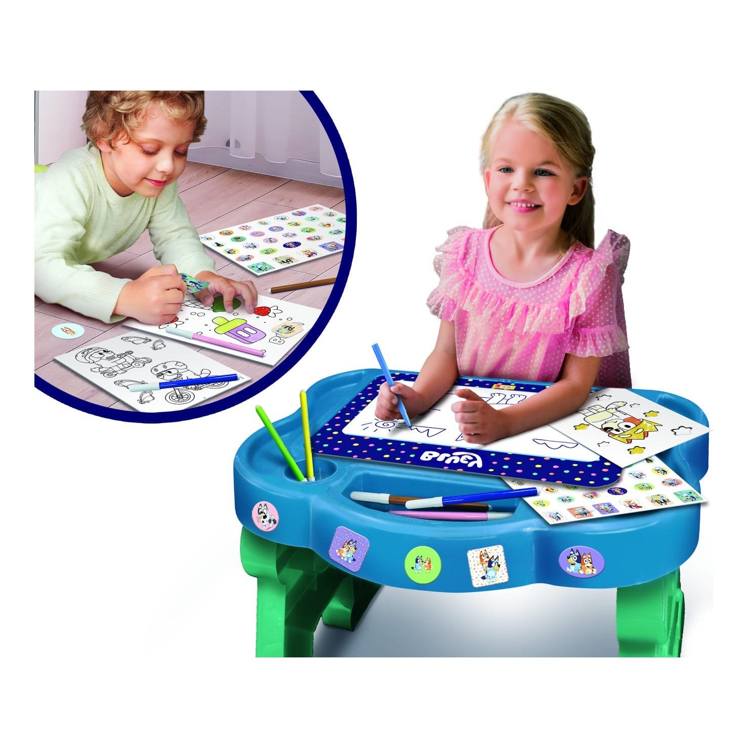 Lisciani Bluey Edu Desk - Creative Art Kit With Erasable Board, Coloring Books, And Storage Desk