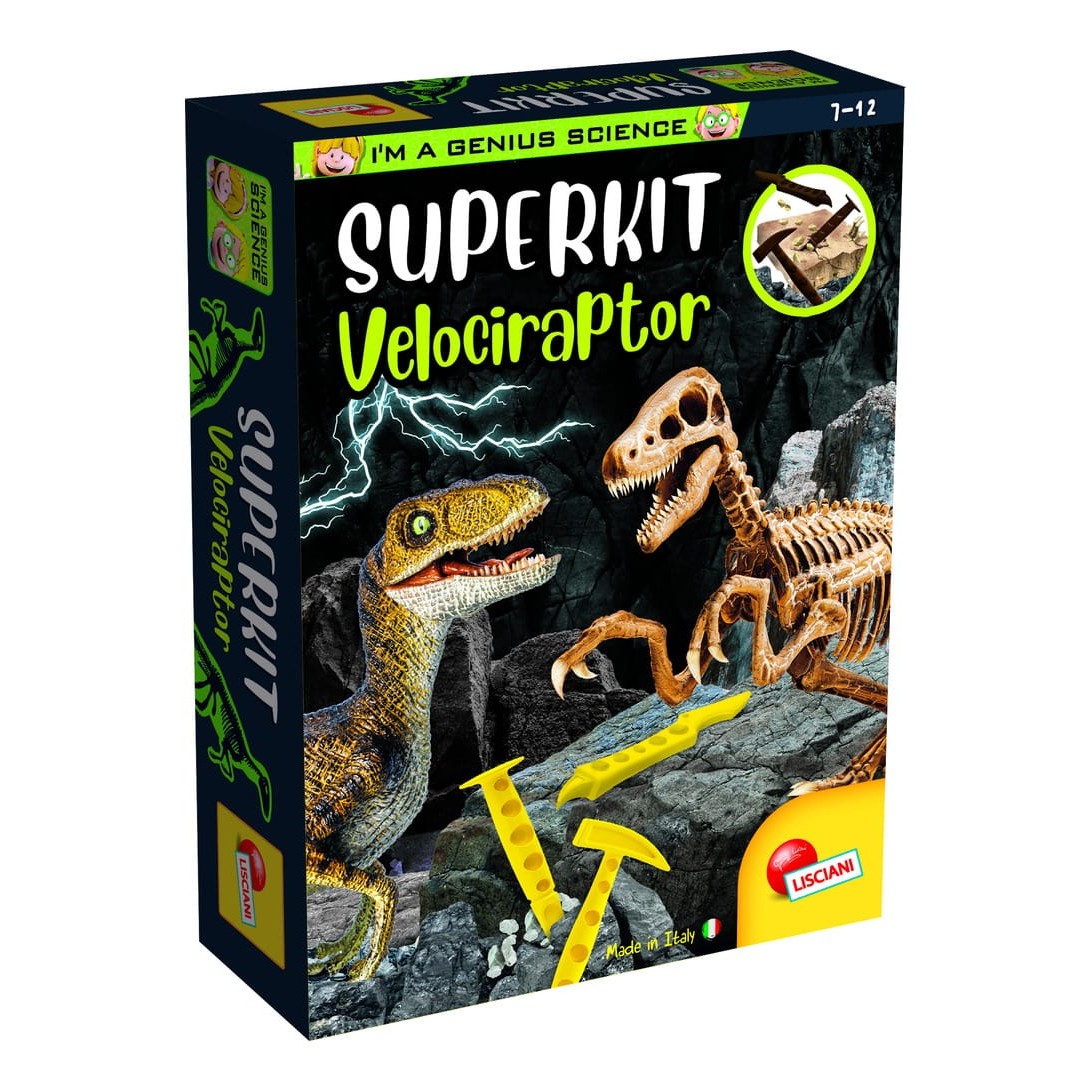 Lisciani I Am A Genius Velociraptor Super Kit - Excavation Kit With Tools Skeleton Assembly And Illustrated Poster