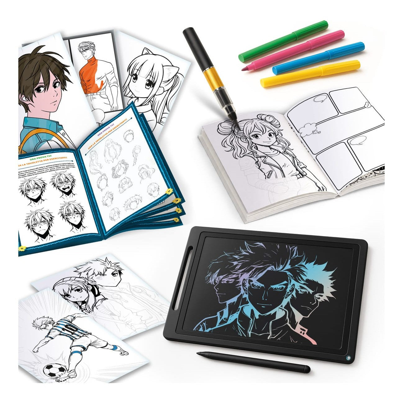 Lisciani Kids Art Manga Creative Drawing Set - Learn Manga Basics With LCD Drawing Tablet And Fude Pen