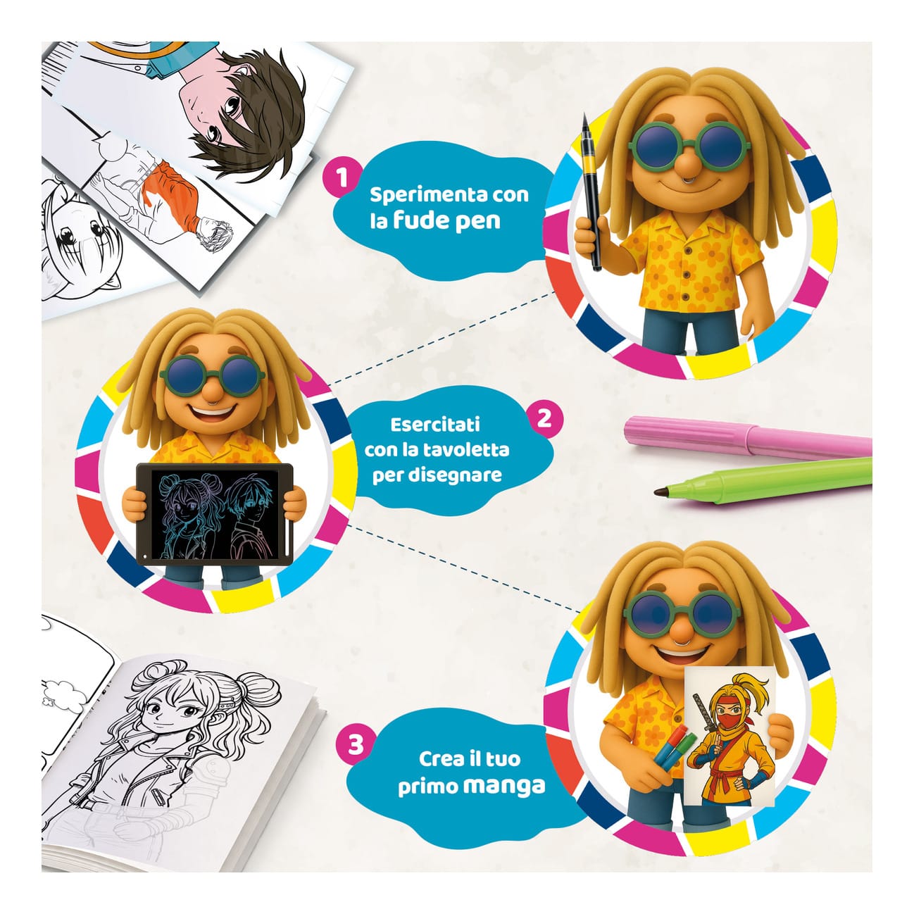 Lisciani Kids Art Manga Creative Drawing Set - Learn Manga Basics With LCD Drawing Tablet And Fude Pen