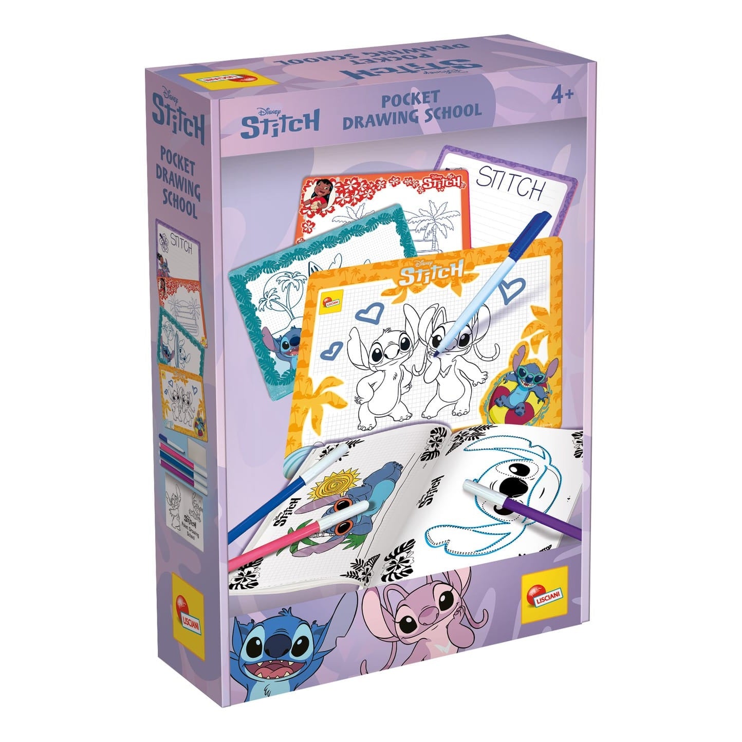 Lisciani Stitch Pocket Drawing School - Portable Stitch Themed Art Kit With 4 Mini Write-And-Wipe Boards