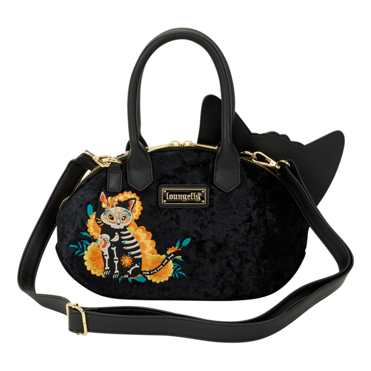 Loungefly - Day Of The Dead Crossbody Bag With Sugar Skull Pattern, Embroidered Details, And Adjustable Strap