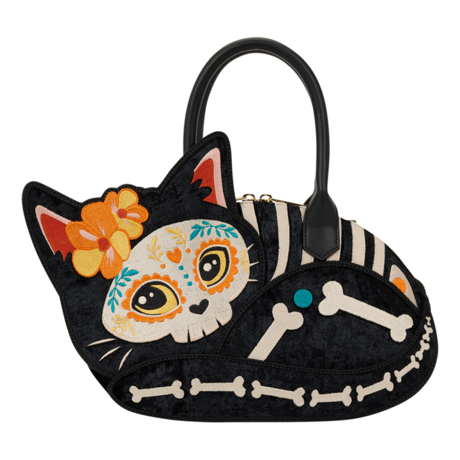 Loungefly - Day Of The Dead Crossbody Bag With Sugar Skull Pattern, Embroidered Details, And Adjustable Strap