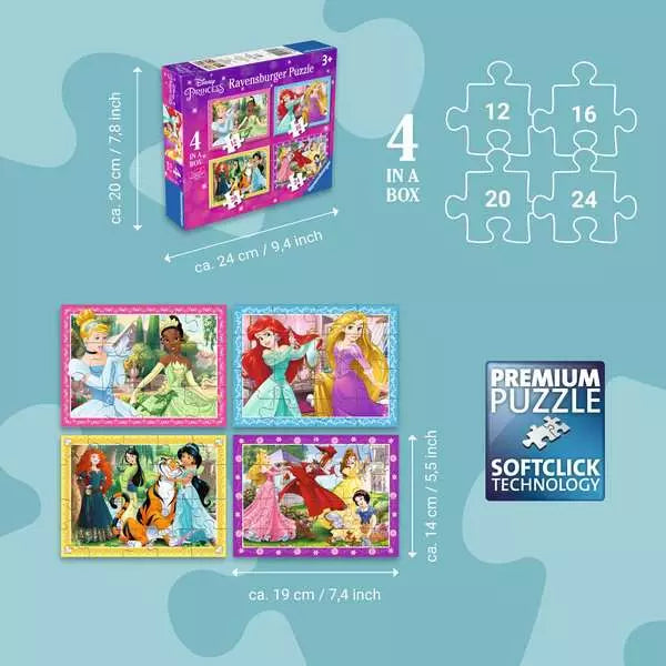 Ravensburger -Disney Princess, 4 in a Box - 12, 16, 20, 24 Pieces Puzzle 4005556073979