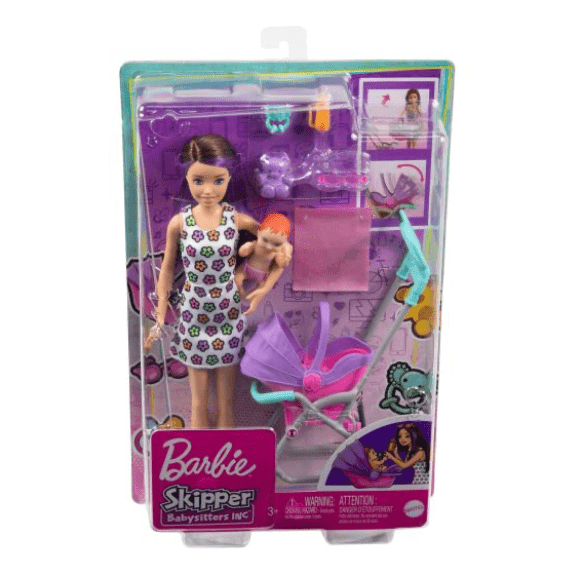Barbie Dolls and Accessories, Skipper Doll (Two-Tone Hair) with Baby Figure  and 5 Accessories, Babysitters Inc. Playset