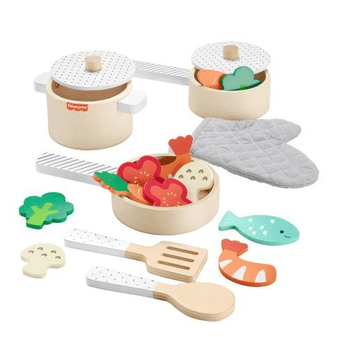 Fisher-Price Wooden Pots & Pans 19-Piece Pretend Play Set