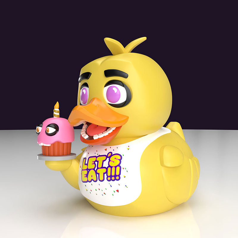 Three-quarter view of the Chica TUBBZ collectible with cupcake