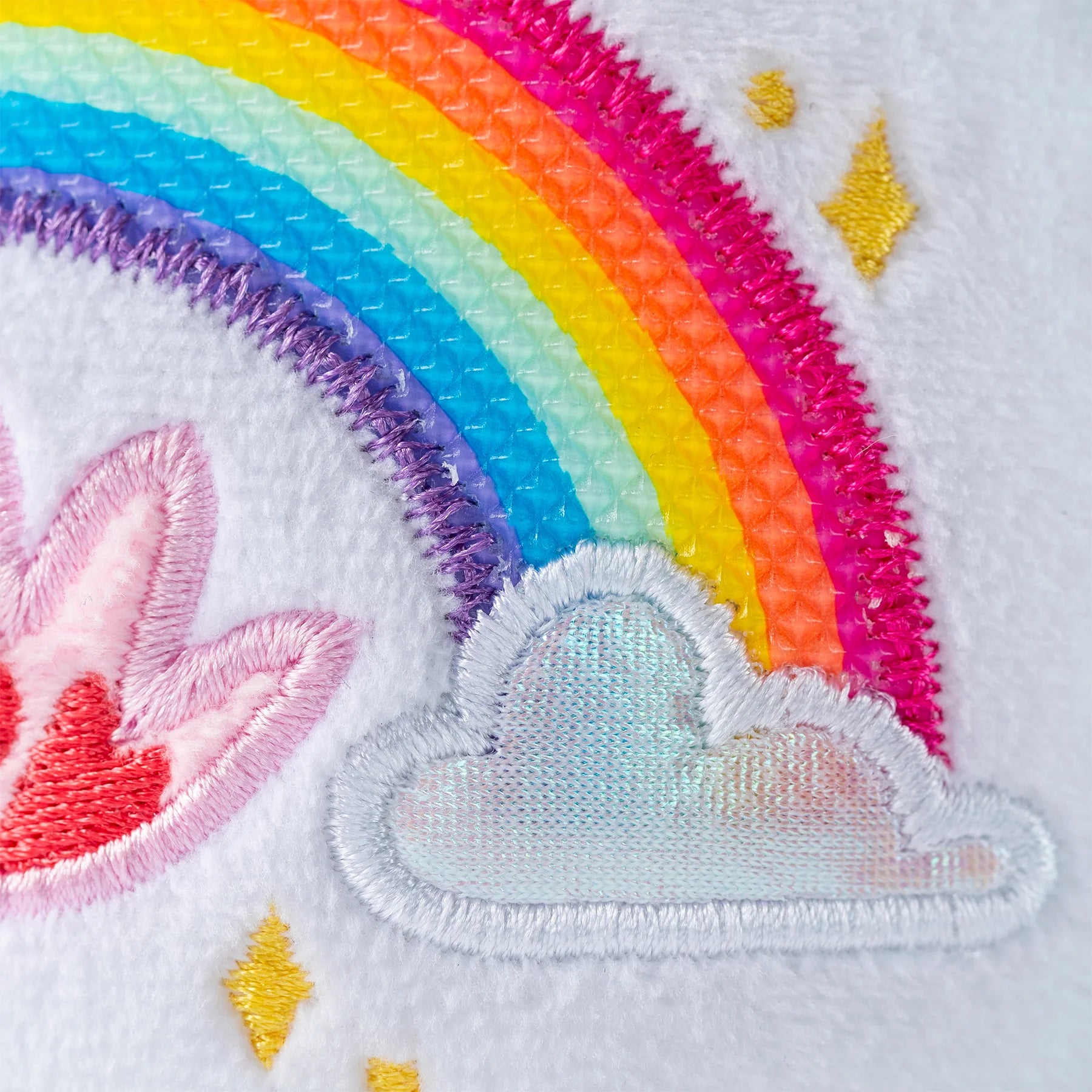 Bright rainbow and cloud design detail on the Care Bear 14 Inch Plush Sweet Serenity Bear, perfect for eco-friendly comfort.