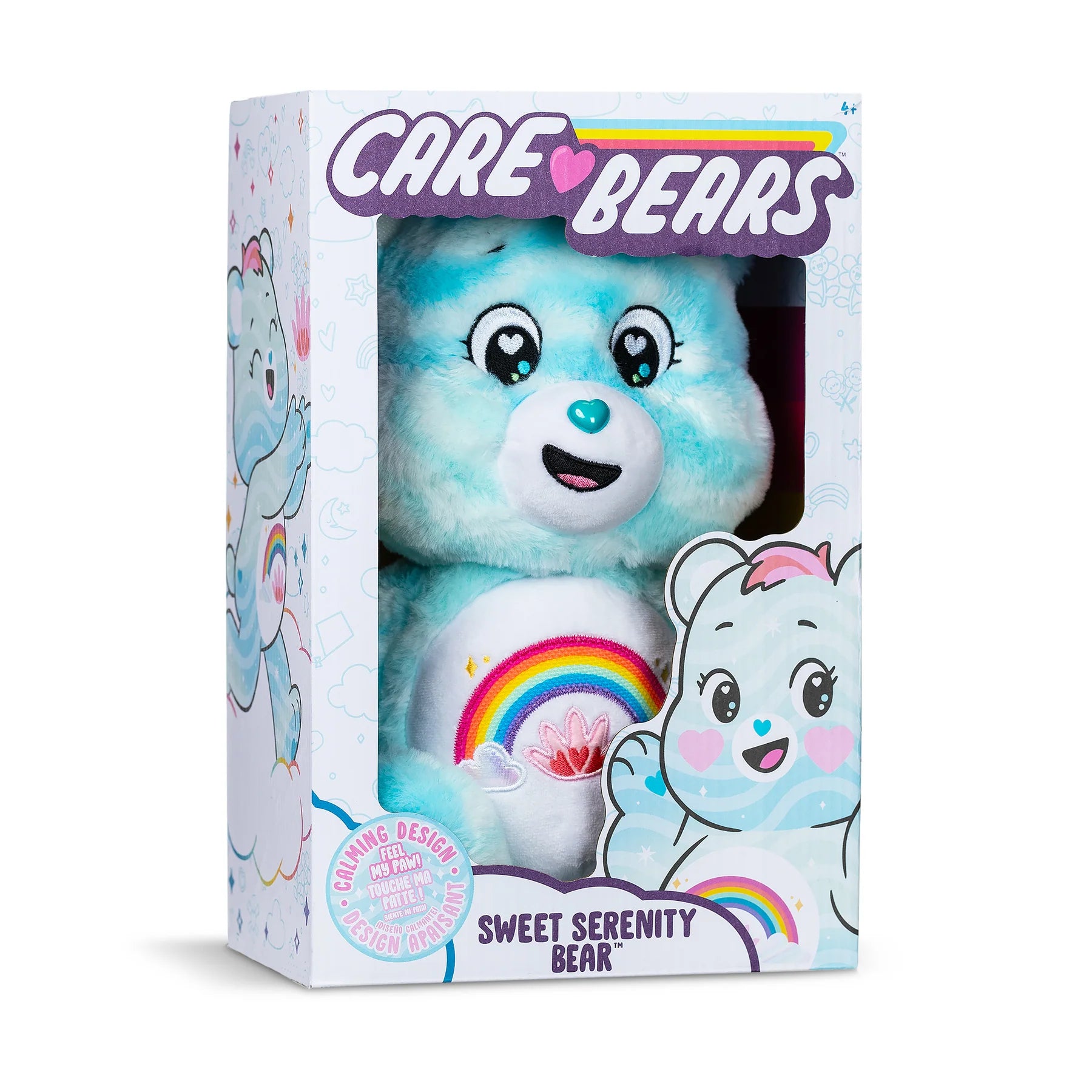 Care Bear 14 Inch Plush Sweet Serenity Bear in a colorful box, promoting peace and eco-friendly comfort.