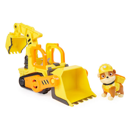 Rubble's yellow bulldozer and Rubble figure on a white background