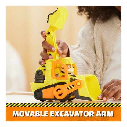 Child lifting the movable excavator arm on Rubble's bulldozer