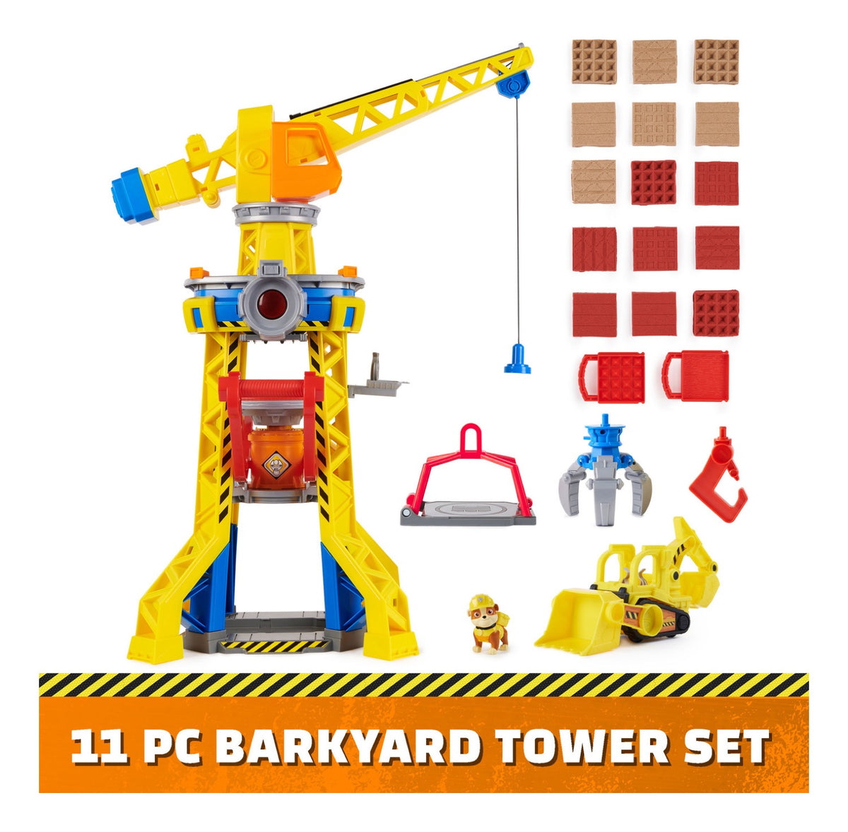 Bark Yard Crane Tower set with Rubble figure, digger, tools and moulded blocks