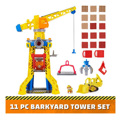Bark Yard Crane Tower set with Rubble figure, digger, tools and moulded blocks