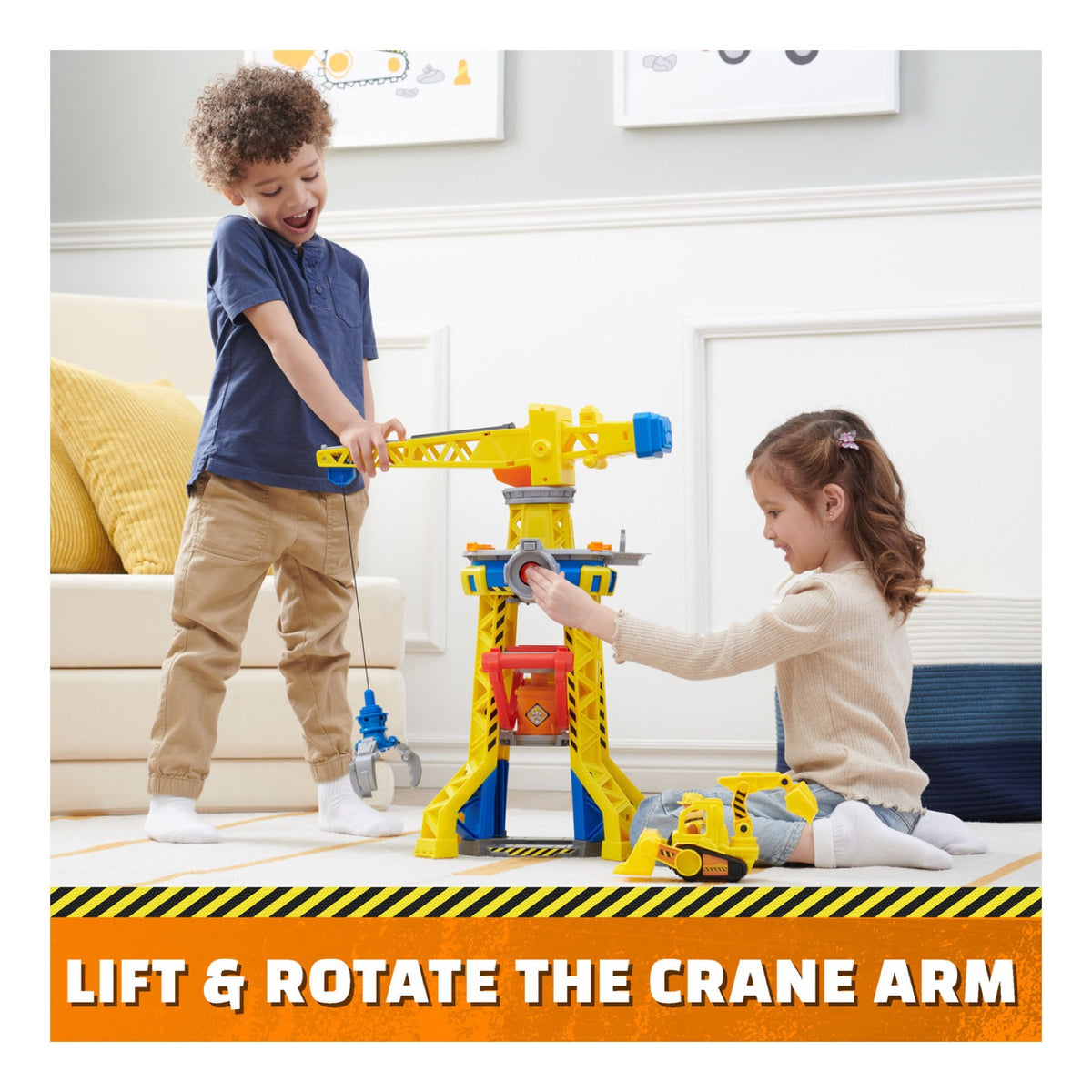 Children lifting and rotating the Bark Yard Crane Tower arm