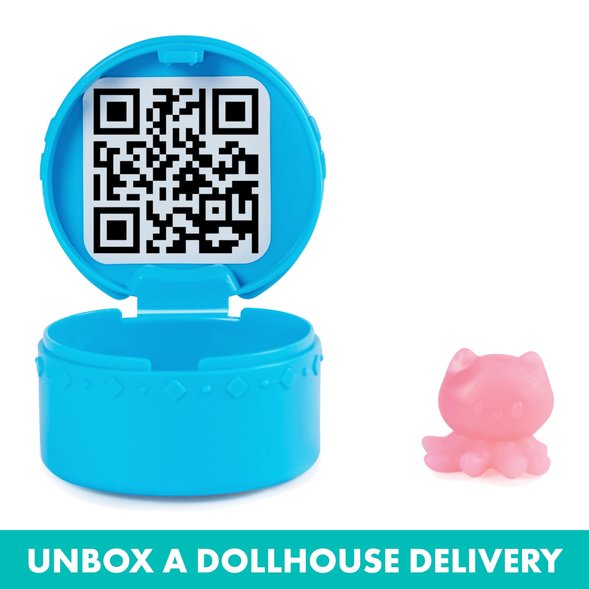 Blue Dollhouse Delivery container with QR code and pink surprise figure