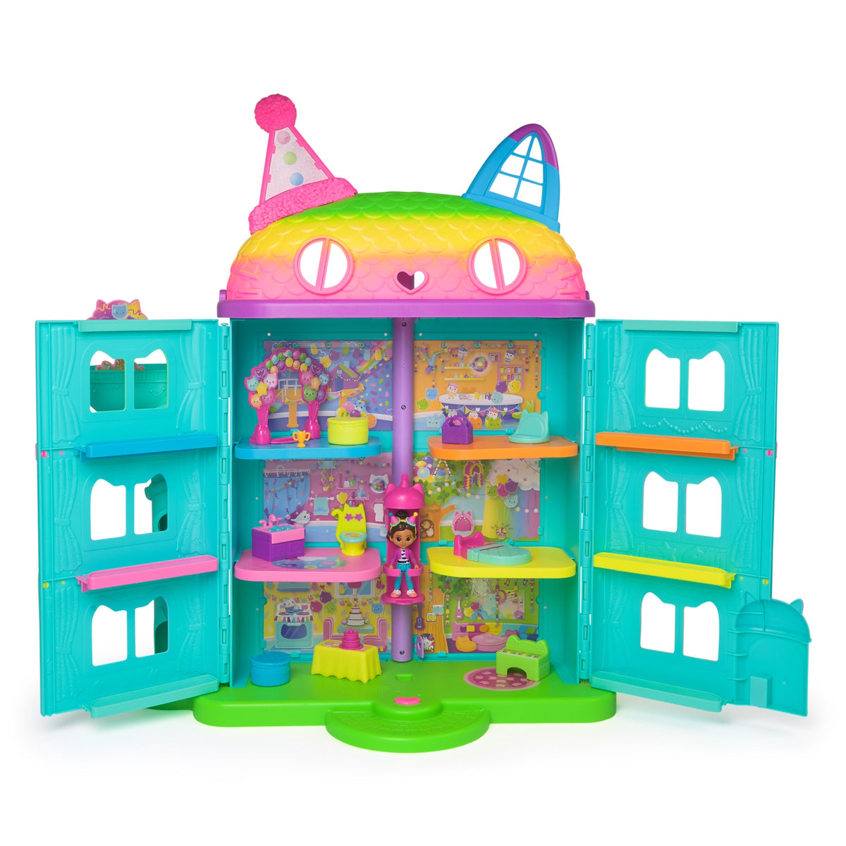 Gabby's Dollhouse Purrfect Celebration playset open with six furnished rooms