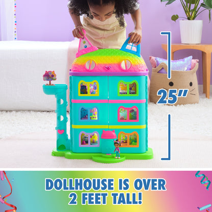Child playing with the closed dollhouse, shown at over two feet tall
