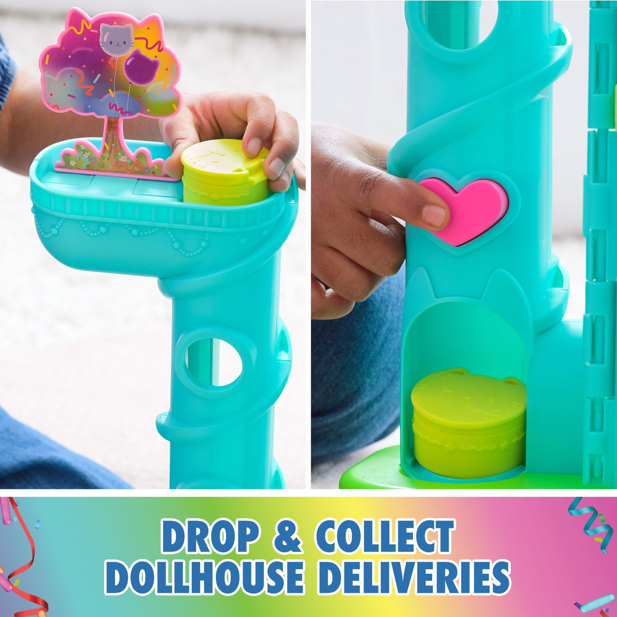 Close-up of the dollhouse delivery tube and heart button in use