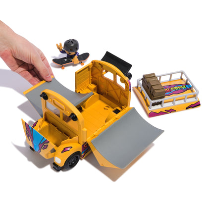 Sk8 Crew bus playset unfolded into ramps with removable roof platform