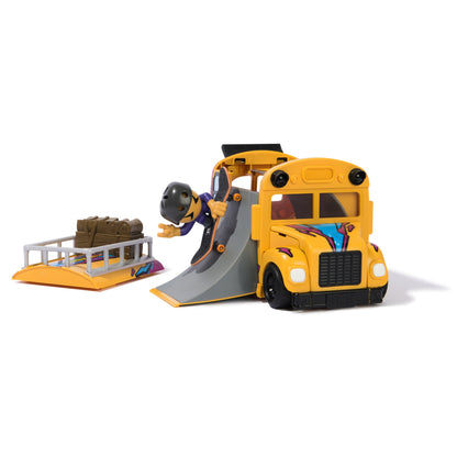 Front view of the open Sk8 Crew bus with ramp, roof platform and skateboarder
