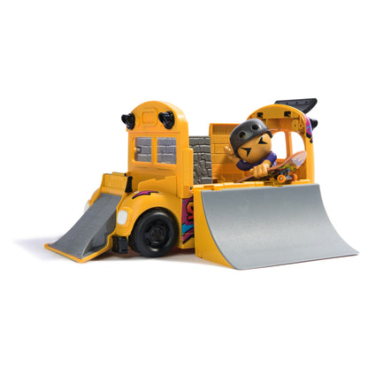 Open Sk8 Crew bus playset with quarter-pipe ramp and skateboarder figure