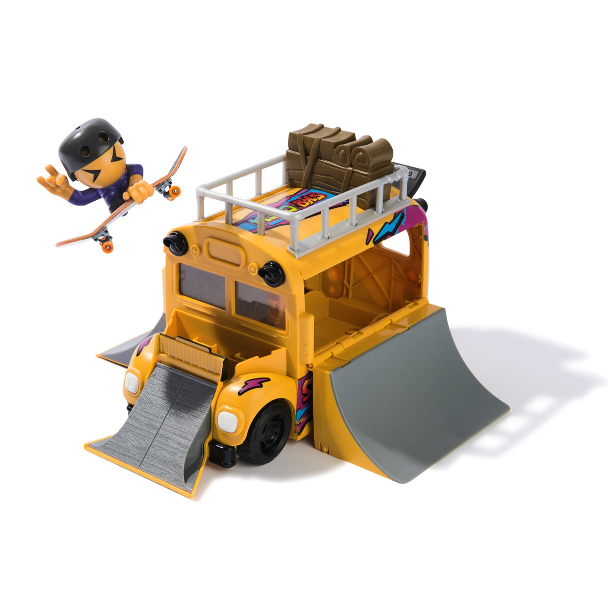 Sk8 Crew bus playset opened with front and side ramps and skateboarder figure