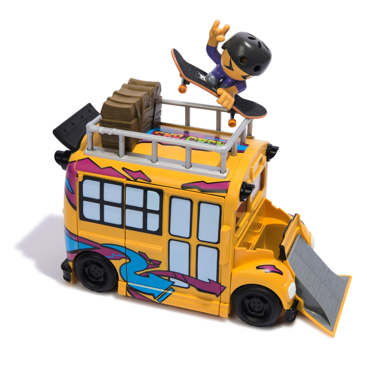 Yellow Sk8 Crew bus playset with front ramp and skateboarder on the roof