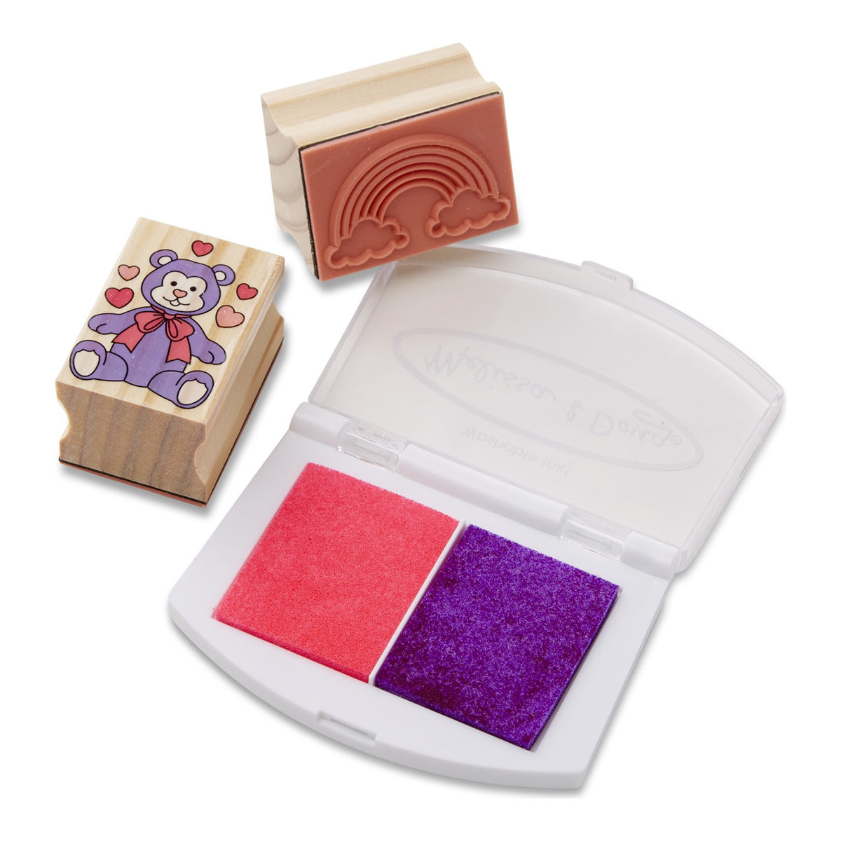 Rainbow and teddy bear wooden stamps with pink and purple ink pads
