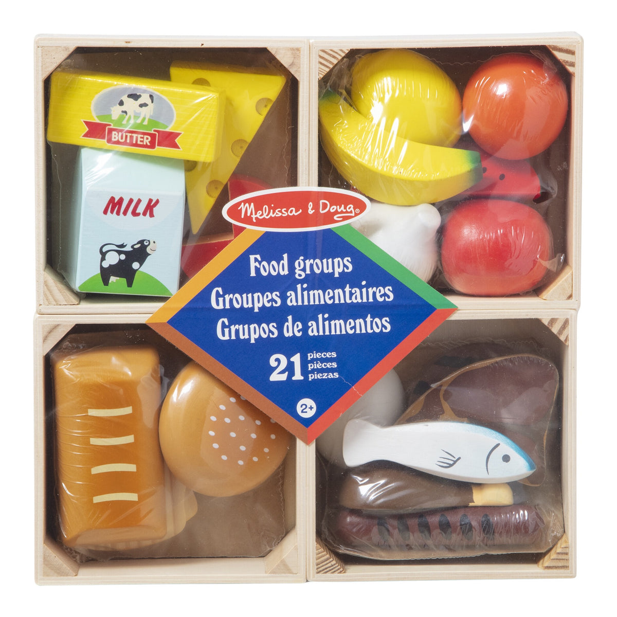 Melissa and Doug wooden food groups playset in its retail packaging