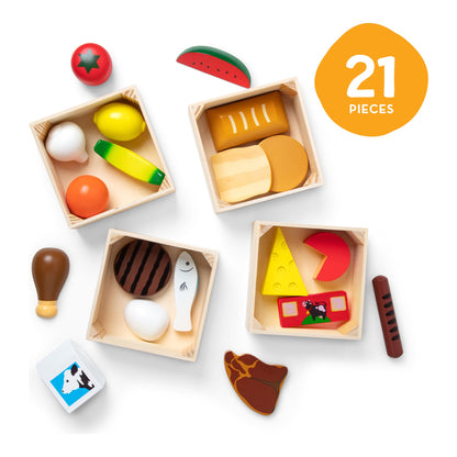 Wooden food group playset with four crates and 21 assorted pieces