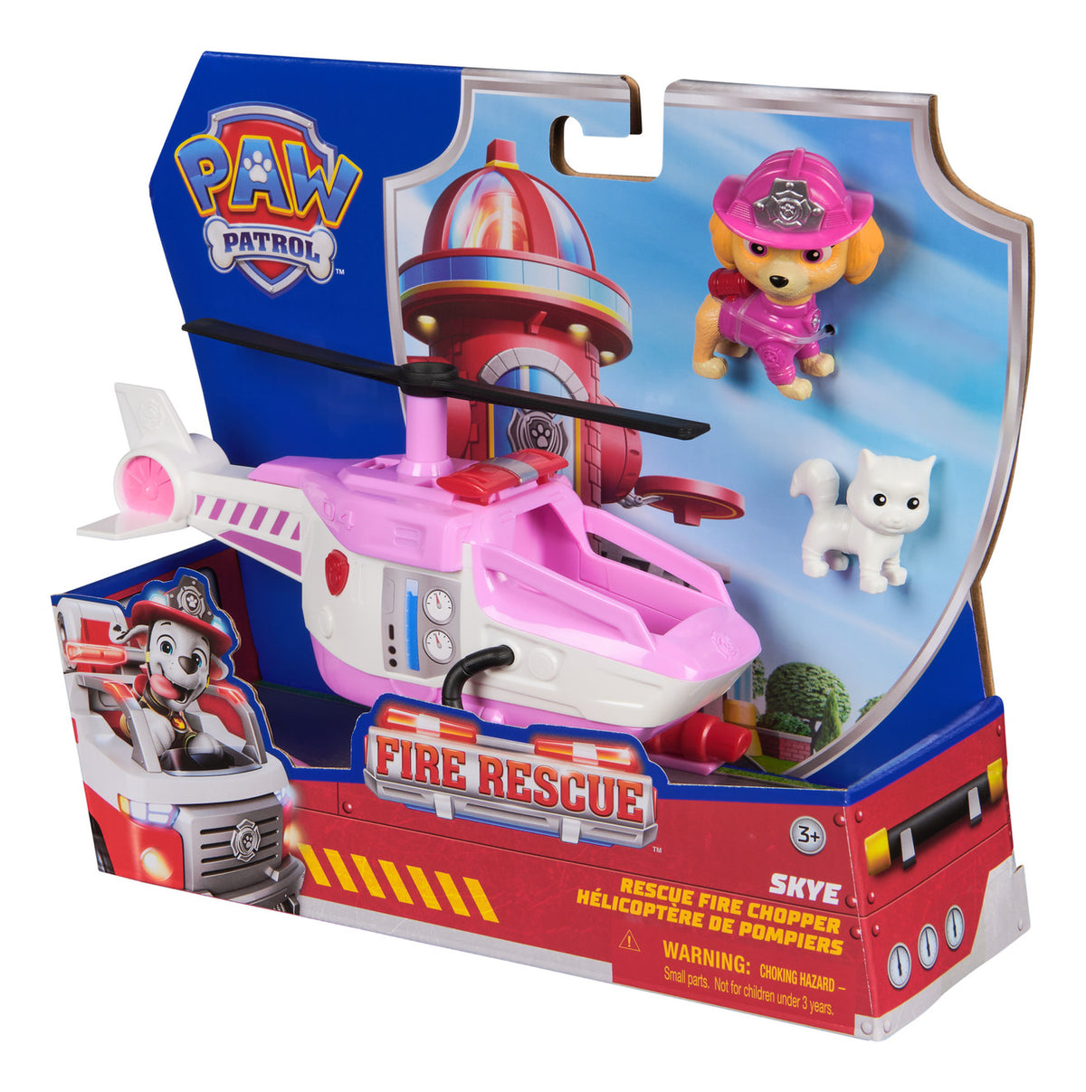 Angled view of the boxed Paw Patrol Skye helicopter playset