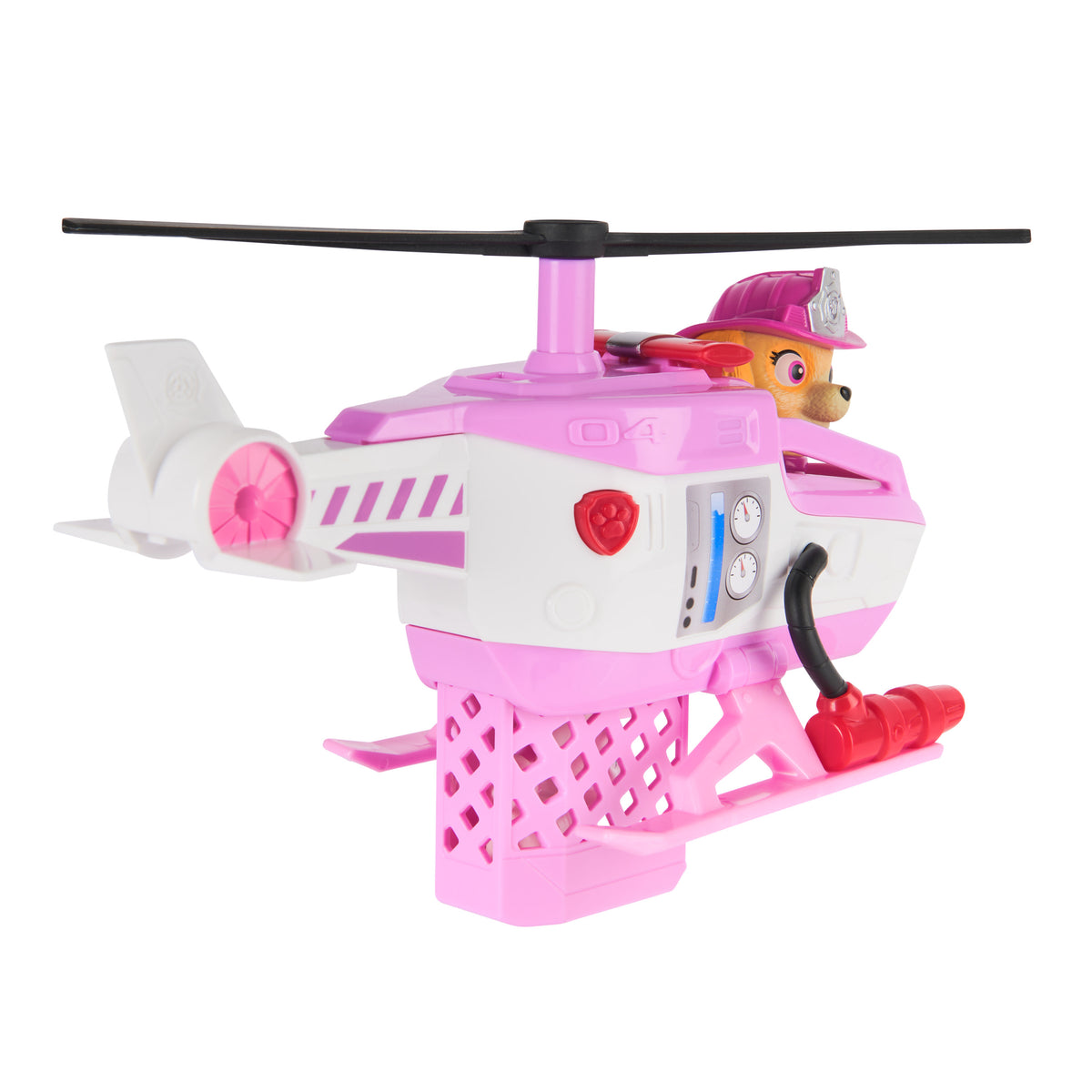 Side view of Skye's pink rescue helicopter with basket lowered