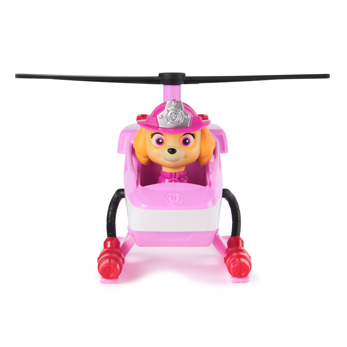 Front view of Skye seated in the pink rescue helicopter