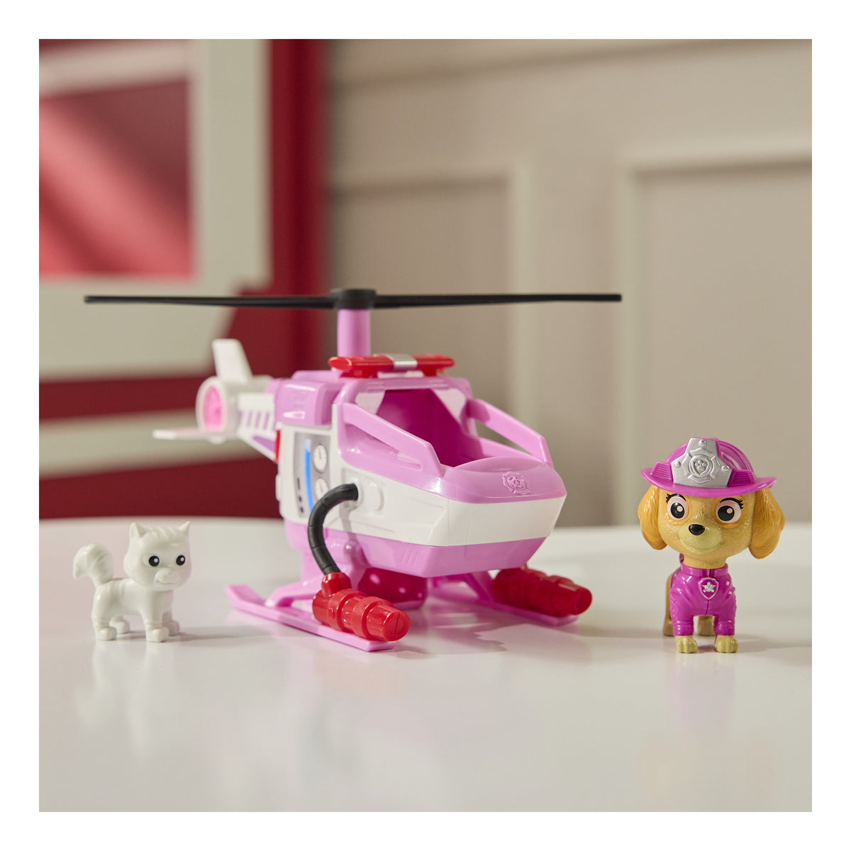 Skye rescue helicopter displayed with Skye and cat figures