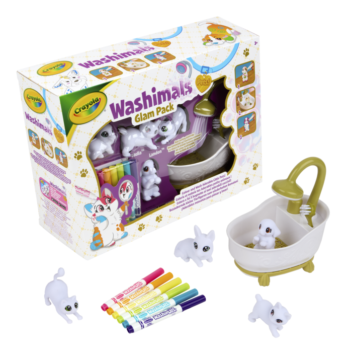 Crayola Washimals Glam Pack box with bath, pets, pens and brush